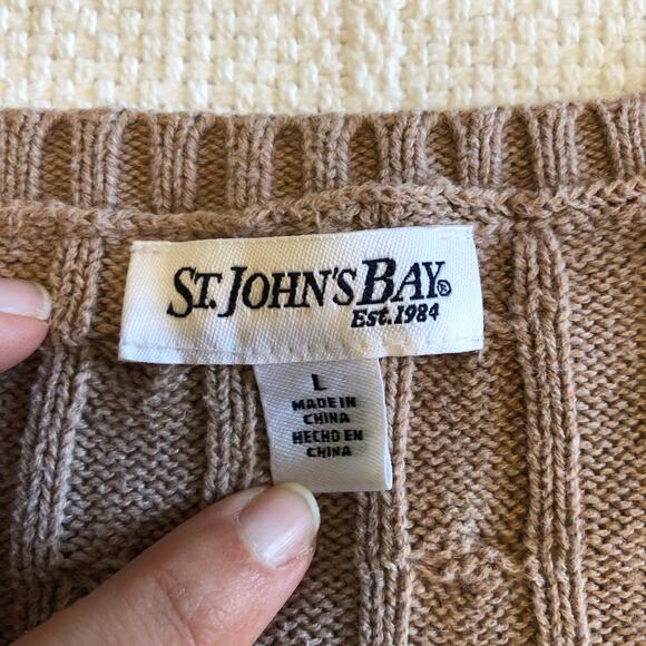 VTG 90s Taupe Cable Knit V-Neck Sweater Quiet Luxury Classic Preppy Tag L Fits M - Picture 7 of 9